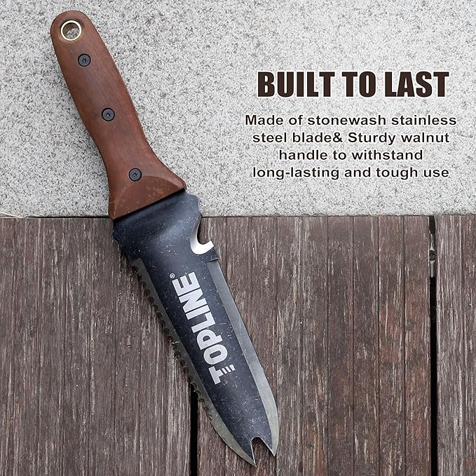 TOPLINE Hori Hori Garden Knife with Oxford Sheath, 7”Stainless Steel Blade with Cutting Edge, Full Tang Walnut Handle with Hanging Hole, Multifunctional Garden Tools for Weeding, Planting, Cutting