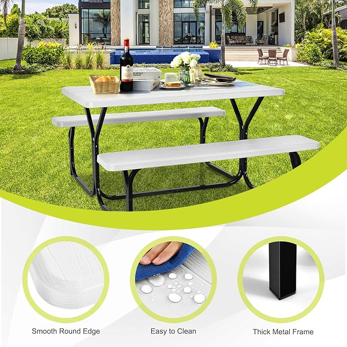 Moccha Picnic Table Bench Set - Portable Plastic Picnic Table w/Steel Frame & Wood-Like Texture, All Weather Heavy Duty Picnic Table Kit, Picnic Tables for Outdoors Garden Patio Party Dining (White)