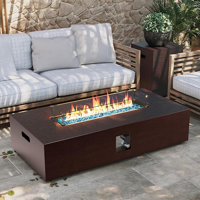 UPHA 56-inch Outdoor Propane Gas Fire Pit Table 50000 BTU Iron Rectangle Firepit for Outside Patio with Tank Hidden Table, Wind Guard, Removable Lid, Blue Glass Rocks, Rain Cover, Brown