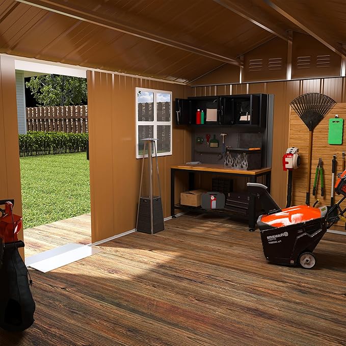 KEIKI 12FT x 8FT Heavy-Duty Metal Storage Shed, Outdoor Storage Shed with Floor & Window and Lockable Doors, Weatherproof Outdoor Garden Shed for Garden, Backyard, Patio, Lawn