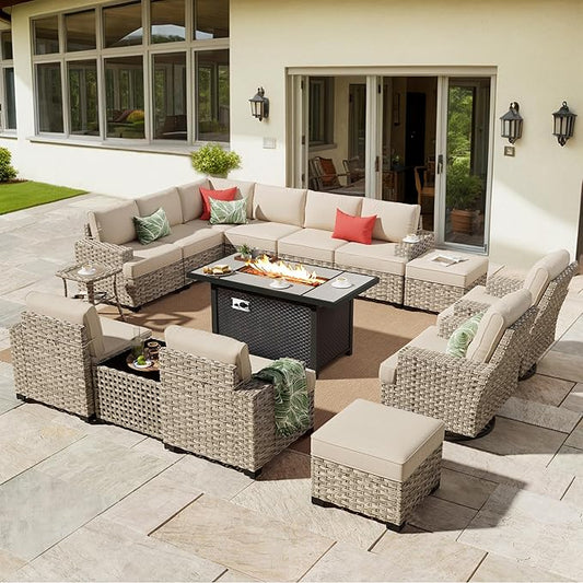 HOOOWOOO Outdoor Sectional Patio Furniture Set with Fire Pit Table,15 Pieces Wicker Conversation Sets L Shaped Couch,Extra Deep Out Door Sofa Outside Furniture with Swivel Chair Ottoman,Beige