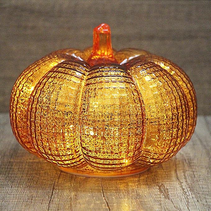 Mercury Glass Pumpkin Lights with Timer, Battery Operated Led Pumpkin Lights for Halloween Fall,Thanksgiving Rustic Decor (Gold Grid-Patterned, 5.5")