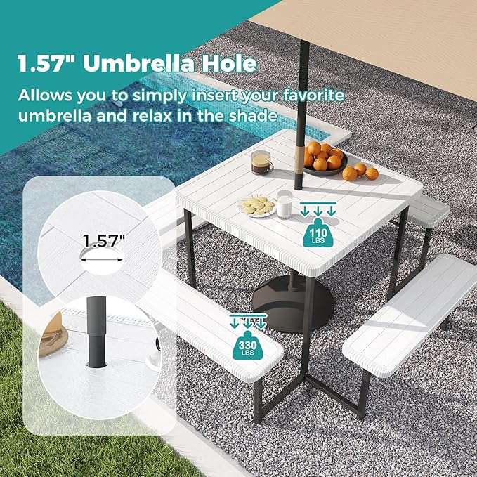 Giantex Picnic Table Bench Set for 4-8 People, 34" Outdoor Square Dining Table & 2 Benches w/Umbrella Hole, HDPE Tabletop, Metal Frame, Patio Camping Furniture for Backyard Porch Lawn (White,Square)