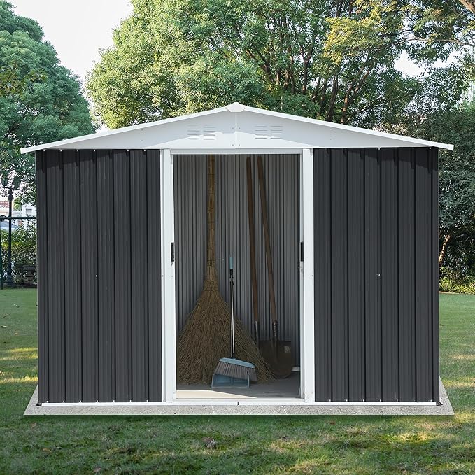 Ball & Cast 8x6 FT Outdoor Storage Shed, Metal Garden Sheds with Punched Vents and Sliding Door, Clearance Tool House with Aluminum Frames for Backyard Patio,Grey