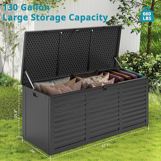 Resin Deck Box, 130 Gallon Outdoor Storage Box with Lockable Lid, Waterproof Patio Storage for Garden Tools & Outdoor Accessories (Dark Black)