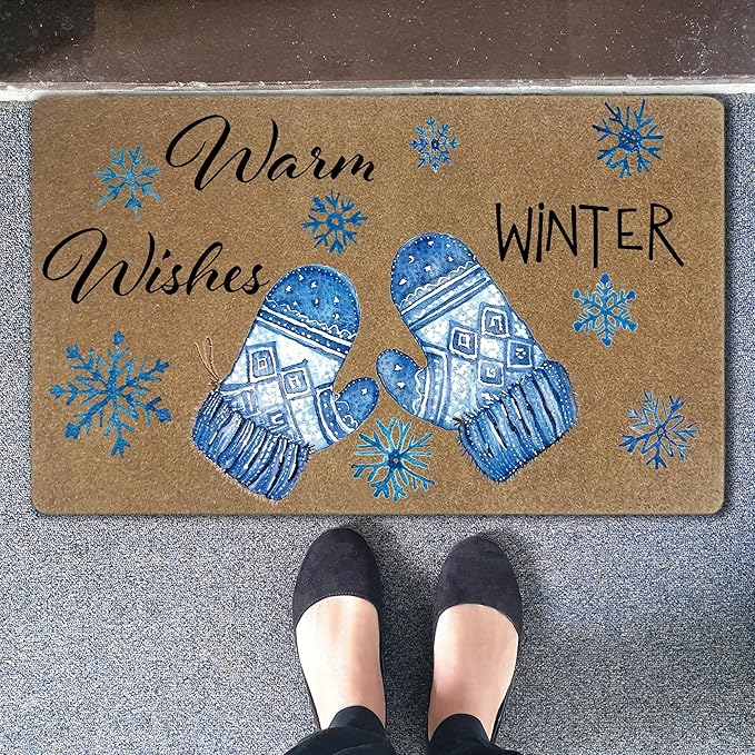 Winter Christmas Faux Coir Door Mats Outdoor, Winter Gloves Snowflake Door Mat for Home Outside Entryway, Warm Wishes Christmas Welcome Doormat for Indoor Outdoor Porch Entrance, 17x30 Inch