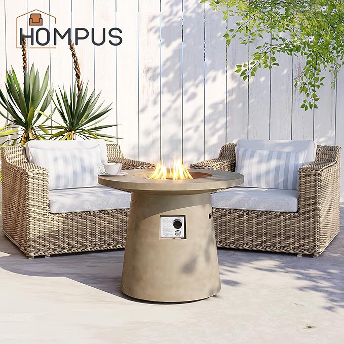 HOMPUS Outdoor Fire Pit Gray Propane Fire Table, 31-inch Round Propane Fire Pit, 40,000 BTU Gas Smokeless Fire Pit, Patio Concrete Fire Pit with Lava Rocks and Rain Cover for Garden, Deck, Backyard