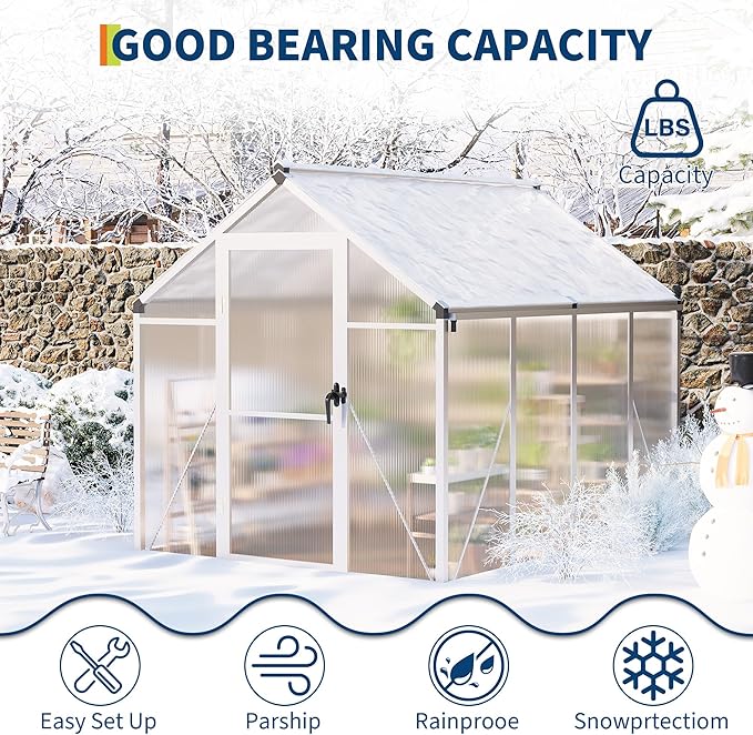 6x8 FT Greenhouse, Easy Assembly Aluminum Polycarbonate Greenhouses for Outdoors with Roof Vent and Ground Nails, Heavy Duty Aluminum Walk-in Greenhouse for Backyard, Sliding Lockable Door, Silver