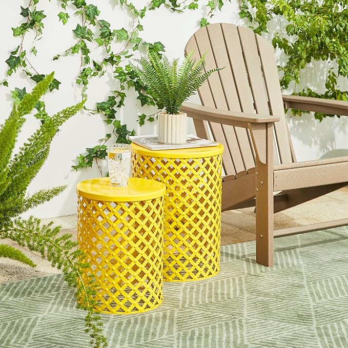 Glitzhome Outdoor Side Table Set of 2, Decorative Garden Stool for Indoor Outdoor Heavy Duty Metal Frame Accent Table Modern End Table, Yellow