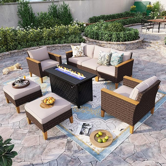 Sophia & William Oversized Patio Furniture Set with Fire Pit Table, Outdoor Wicker Rattan Sectional Sofa 8 Piece Patio Conversation Set for Deck, Backyard, Porch, Outside(45-Inch Fire Pit,Beige)