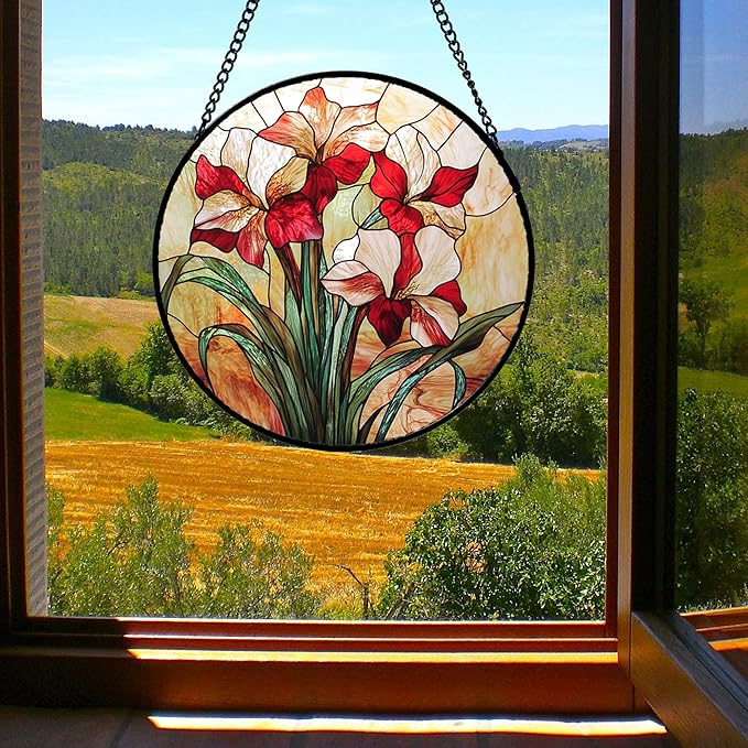 Stained Glass Window Hanging - Red Gladiolus Flower Suncatcher for Door Yard Sun Catchers Decor Christmas Mother's Day Birthday Gifts for Lovers Women Mom Nana Girlfriend Wife 15 in