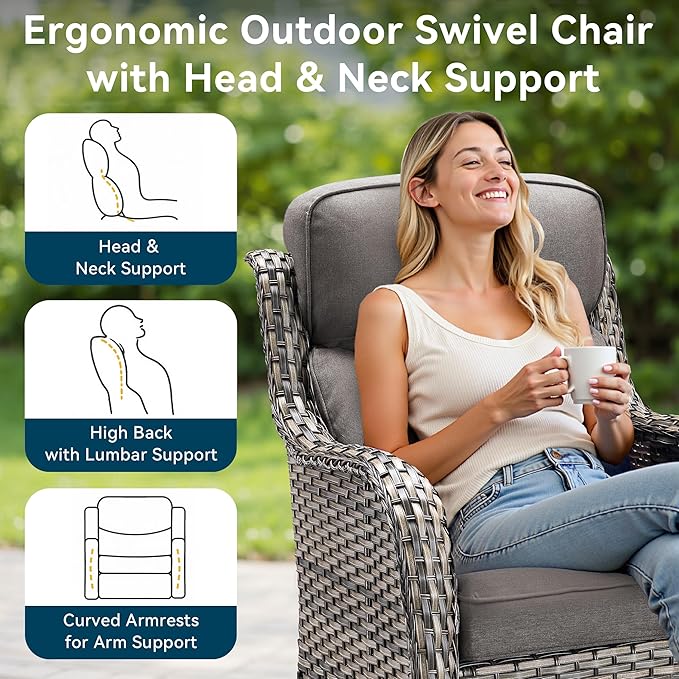 Luxury High Back Outdoor Furniture with 6-Inch Thick Cushions, Patio Furniture Set with Swivel Chairs, 4 PCS Wicker Conversation Set for Porch, Balcony, Deck and Yard