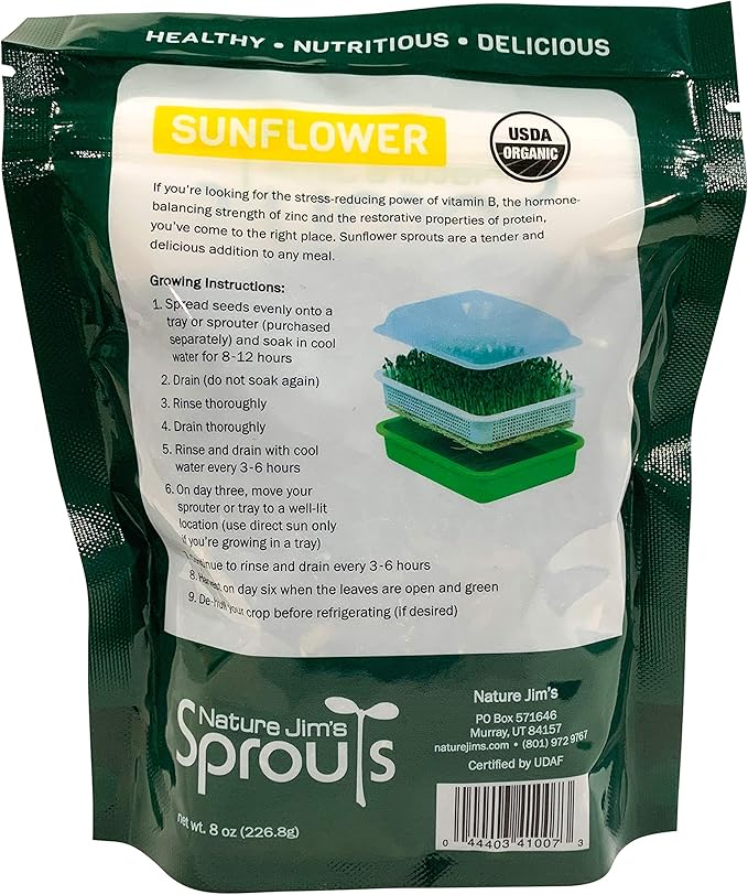 Nature Jims Sprouts Sunflower Seed - Certified Organic Black Oil Sunflower Sprouts for Soups - Raw Bird Food Seeds - Non-GMO, Chemicals-Free - Easy to Plant, Fast Sprouting Sunflower Seeds - 8 Oz