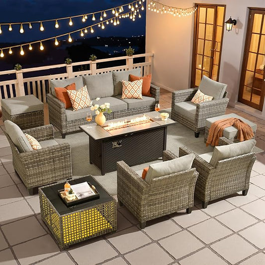 HOOOWOOO Outdoor Patio Furniture Set,9 Pieces Wicker Conversation Set,All Weather Couch Set with Fire Pit Solar Light Table Chairs Ottoman 9 Seaters for Out Door Yard(Charcoal Gray)