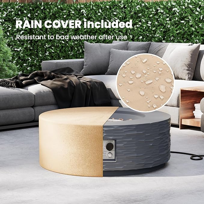 Round Fire Pits, 35 in Round Outdoor Propane Gas Fire Pit Table, 50000 BTU FirePit for Outside Patio with Rain Cover, Lava Rocks for Backyard & Deck, Dark-Grey