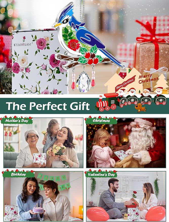 KY&BOSAM Crystal Blue Bird Suncatcher Handmade Bird Sun Catcher for Windows with Real Dried and Pressed Flowers Heart Charm Engraved with Crystal Gifts for Mom Mother`s Day Birthday