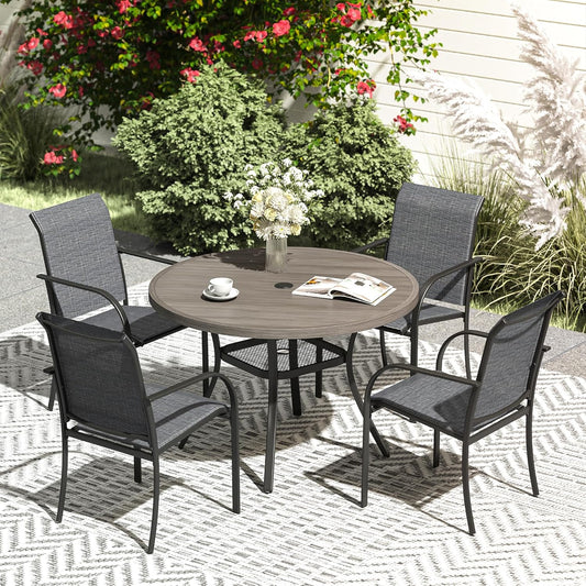 VICLLAX 5 Pieces Patio Dining Set, Outdoor Furniture Set Includes 41.2" Round Patio Table and 4 Patio Sling Chairs, Grey Wood-Like Tabletop and Dark Grey Fabric