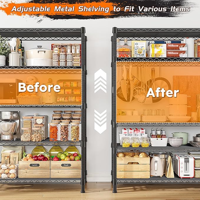 REIBII Storage Shelves 71" H Tall Wire Shelving Unit Sturdy Metal Shelves Adjustable Wide Pantry Shelves 5 Tier Deep Heavy Duty Metal Shelving Load 1500LBS Storage Rack 2 Pack