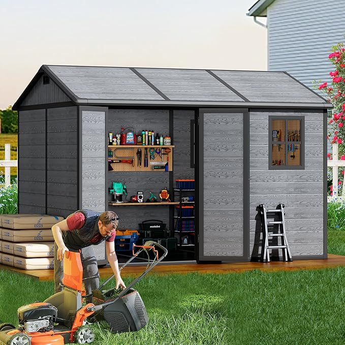 10x8 FT Resin Outdoor Storage Shed with Floor, Weather-Resistant Plastic Garden Shed with Windows, Lockable Door and Vents, Outside Tool Storage Sheds for Backyard, Garden, Patio, Lawn, Wood Grain