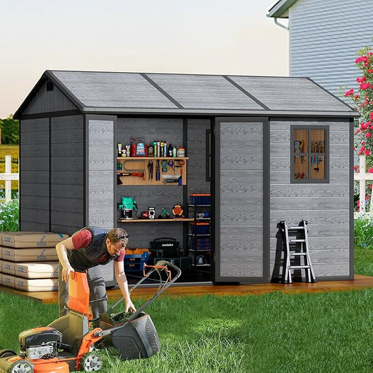 10x8 FT Resin Outdoor Storage Shed with Floor, Weather-Resistant Plastic Garden Shed with Windows, Lockable Door and Vents, Outside Tool Storage Sheds for Backyard, Garden, Patio, Lawn, Wood Grain