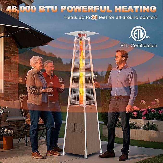 Nuu Garden 48,000 BTU Pyramid Propane Heater Outdoor Patio Heaters with Wheels, Patio Heater with Glass Tube Deck Porch for Outdoor Use Camping Backyard, Stainless Steel Burner, Wood-Grain Finish