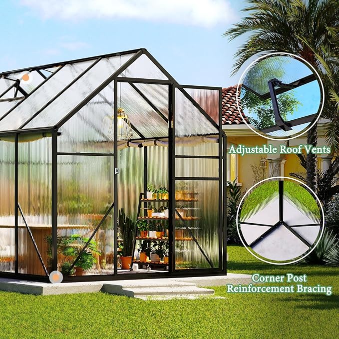 Amerlife 6x10x6.3 FT Ft Polycarbonate Greenhouse for Outdoors, Walk-in Design with Aluminum Frame, 2 Windows and Swing Door, Heavy-Duty Greenhouse Construction for Garden, Black