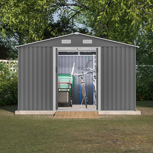 10X8 FT Outdoor Tool Storage Shed with Metal Foundation & Lockable Doors, All Weather Metal Sheds for Garden, Patio, Backyard, Lawn, Gray