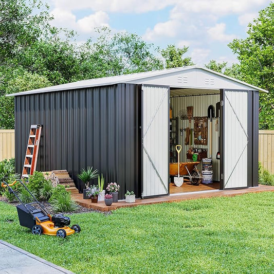 Polar Aurora 10x12 FT Outdoor Storage Shed, Utility Metal Tool Storage with Lockable Doors and Updated Frame Structure, Metal Garden Shed for Backyard, Patio Lawn, Black, White