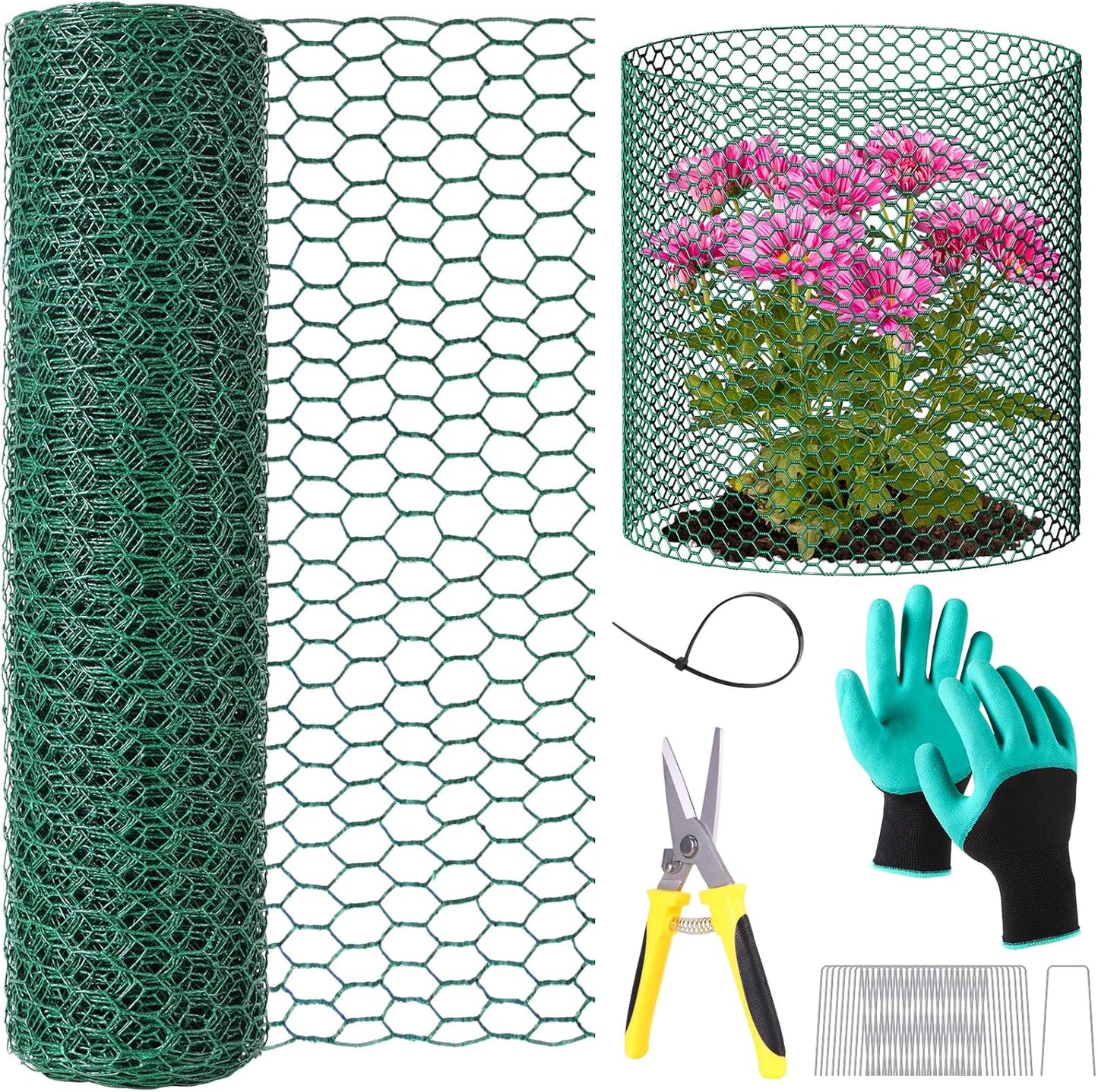 32.8ftx16In Plant Protectors from Animals,Plant Cages for Outdoor Plants,Wire Plant Protector Cage,Wire Plant Protector,Chicken Wire Cloche with Ground Stakes & Nylon Ties Protect Plants from Animals