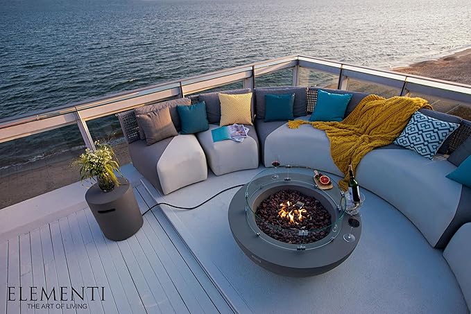 Elementi | Bundle Lunar Gas Fire Pit Cast Concrete 42" Round Fire Table, Outdoor Fire Pit Electronic Ignition | Canvas Cover, Lava Rock Included | Light Gray (Natural Gas)