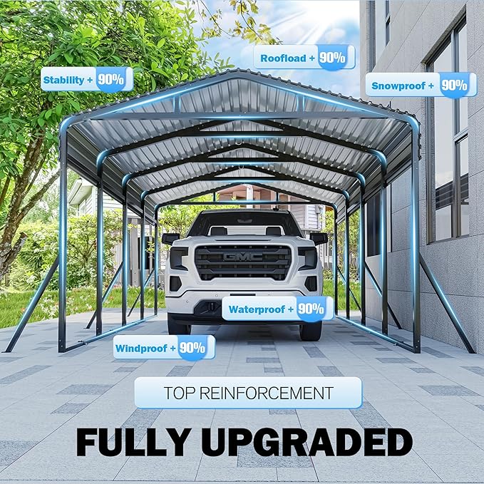 Carport Canopy 12’X20’ Heavy Duty Car Port Galvanized Steel Roof, Reinforced Stable Triangle Frame for Snowy Windy Metal Carports Enhanced Base Car Tent for Car,RV,Pickup,Boat,Truck,Tractor