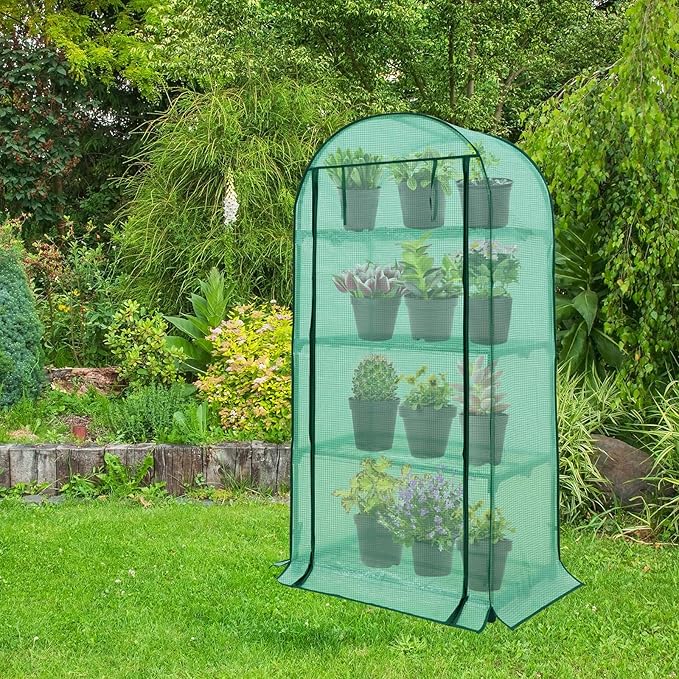EAGLE PEAK Mini Greenhouse with Wire Shelves, Portable Indoor & Outdoor Green House with Roll-Up Zipper Door, 4 Tier, 31.5”x17.7”x63.0”, Green PE Cover