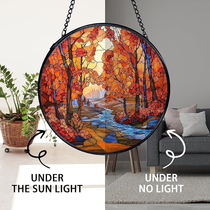 TNUW Fall Autumn Stained Glass Window Hanging, Rustic Autumn Forest Landscape Sun Catchers Indoor Window Glass Round Wall Art Decor, Fall Wall Hanging Decorations, 7.9＂x7.9＂