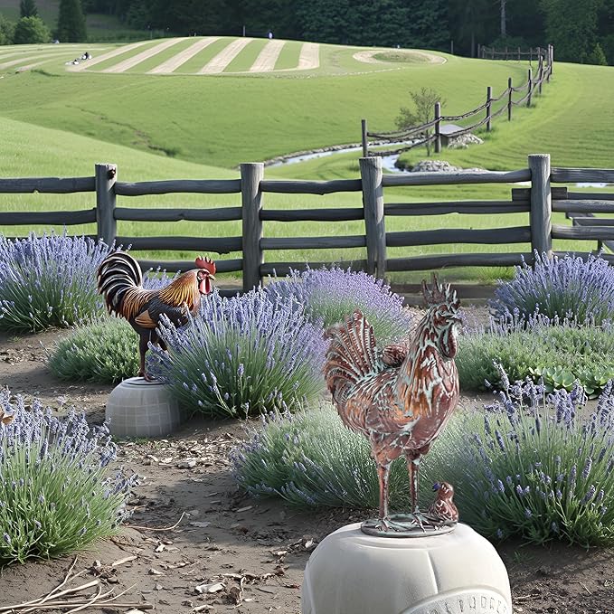 Outdoor Garden Rooster Statue Décor Antique Copper Outdoor Chicken Sculpture Metal Yard Art Figurines Creative Rooster Ornaments for Home Kitchen Patio Farm (Garden Rooster with Chicks Statue)