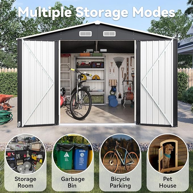 10x8FT Outdoor Storage Shed, Metal Garden Shed with Lockable Double Doors & Sloping Roof, Weather-Resistant Tool Shed for Backyard, Patio, Poolside Black