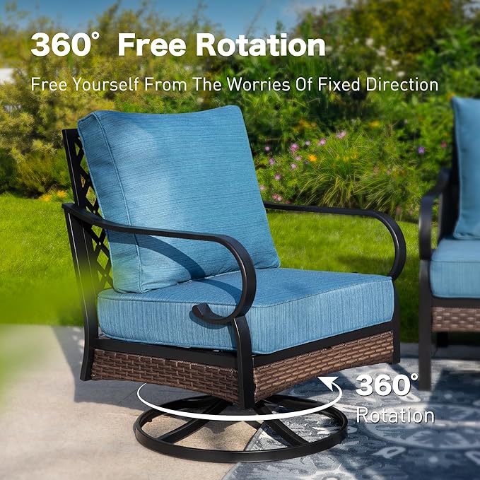 4 Piece Black Metal Outdoor Patio Furniture Sets with Firepit Table, Patio Conversation Sets 1 3-Seater Sofa, 2 Swivel Sofa with 5.75" Thick Cushion Backyard Furniture for Deck, Blue-2