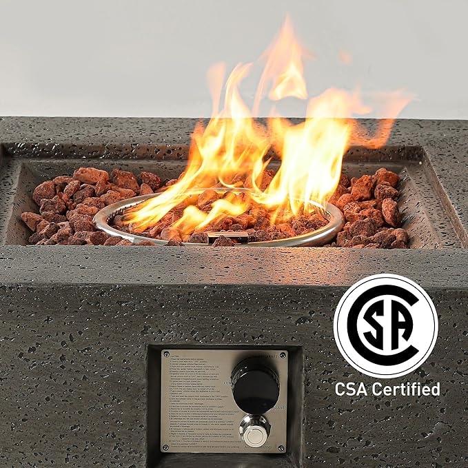SUNBURY Outdoor Fire Pit, 35" Square Propane Gas Patio Fire Table 50,000 BTU Concrete Travertine Design, CSA Certified, Low Firepit Table with Lava Rocks, Waterproof Cover (Grey)