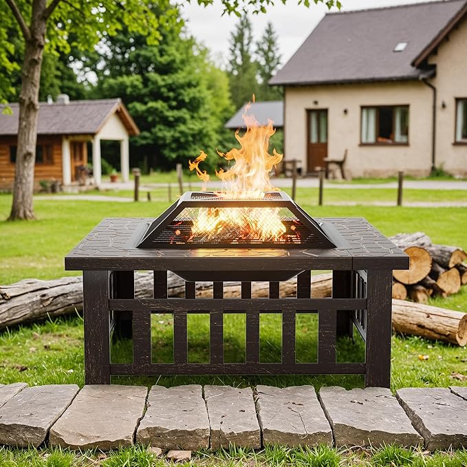 Flamaker Outdoor Fire Pit 32 Inch Firepit Tables Backyard Mutifunctional Square Metal Stove Wood Burning with Cover Poker for Patio, Camping, Bonfire (Copper)