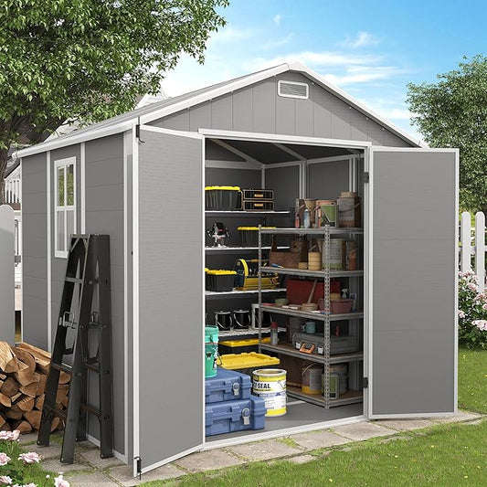 Outdoor Storage Shed, 8x6 FT Resin Shed with Floor and Lockable Door, Window & Vents, Tool Sheds & Outdoor Storage for Bike, Garden Accessories, Tools, Waterproof Grey White