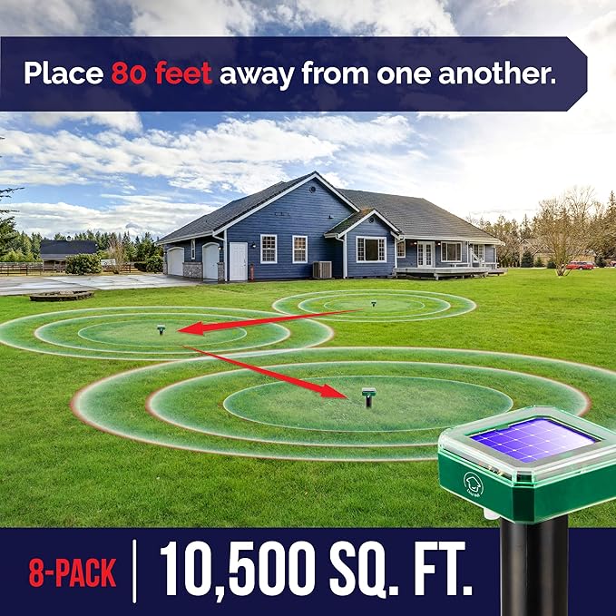 Livin' Well Solar Sonic Pest Repeller Stakes - 8pk Outdoor Pest Repellent with 10,500 Feet Range, Solar Powered Animal Control, Rodent Repellent and Deterrent for Mole, Vole, Gopher