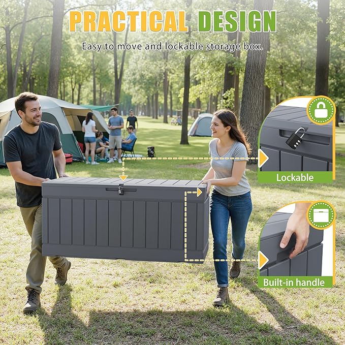 Greesum 82 Gallon Resin Deck Box Large Outdoor Storage for Patio Furniture, Garden Tools, Pool Supplies, Weatherproof and UV Resistant, Lockable, Grey