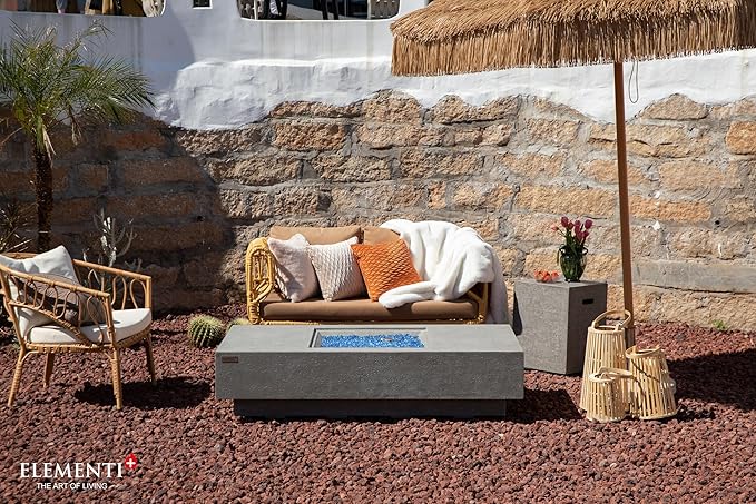 Elementi+ | Bundle Monte Carlo Gas Fire Pit Cast Concrete 60" Rectangular Fire Table | Electronic Ignition | Canvas Cover, Fire Glass and Burner Lid Included | Light Gray | Propane Gas