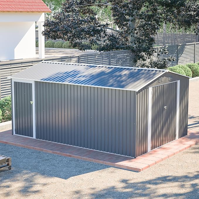 14x10 FT Outdoor Storage Shed,Metal Shed W/ 3 Lockable Doors，Floor Frame & Side Door,Garden Tool House W/ 4 Air Vents & Sloped Roof,for Backyard Patio Lawn,Light Gray