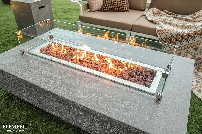 Elementi | Bundle Hampton Gas Fire Pit Cast Concrete 56" Rectangular Fire Table, Outdoor Fire Pit Electronic Ignition | Canvas Cover, Lava Rock Included | Light Gray (Propane Gas)