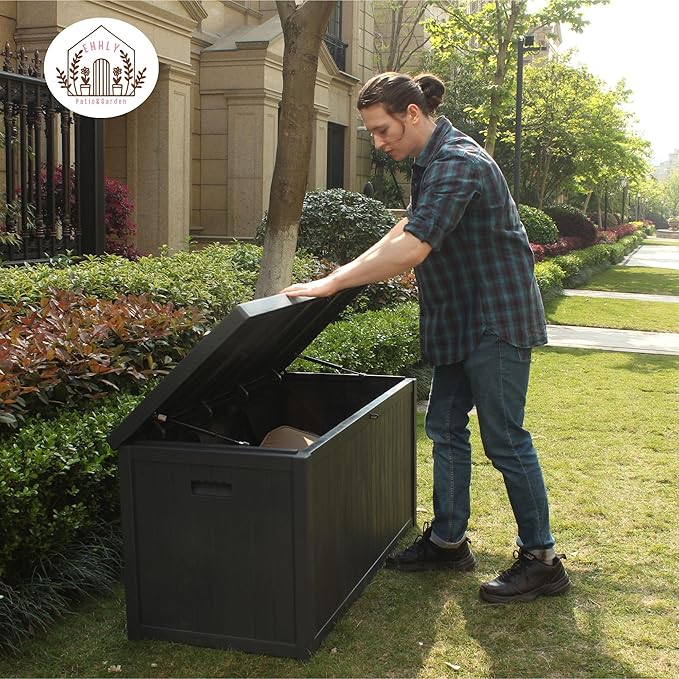 120 Gallon Outdoor Storage Box Large, Lockable Outside Containers Waterproof Patio Cushions Storage Deck Boxes, Plastic Garden Hose Boxes Resin Pool Storage Bins, Grey