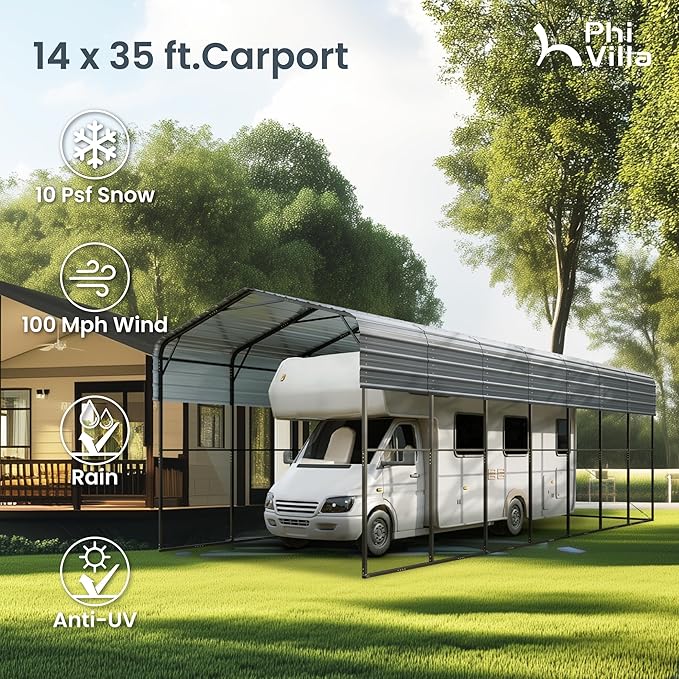 PHI VILLA 35 x 14 ft Heavy Duty Metal Carport with Galvanized Steel Roof for RVs, Cars, Boats, and Tractors