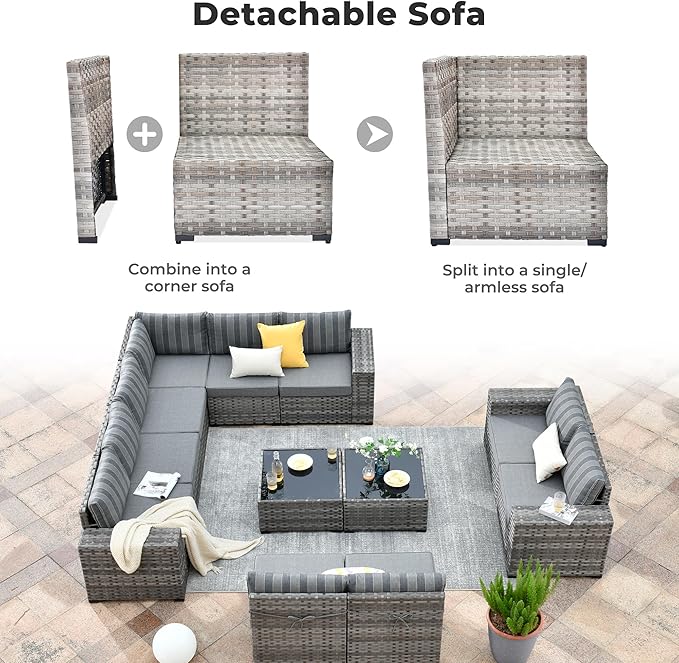 ovios 12 Pieces Patio Furniture Set, Outdoor Wicker Sectional Sofa with Glass Table Comfy Cushions, Modern Modular Deep Seat Couch Rattan Conversation Set, Dark Gray Stripe