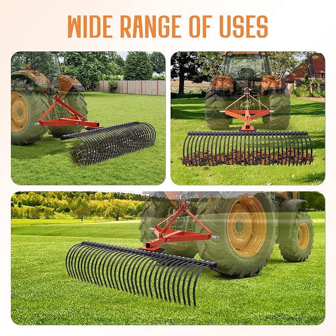 Specraft 3 Point Tow Behind Rake, 60" Adjustable Angle with 32 Steel Tines, Lawn Dethatcher Landscape Rake with Attachments for Field, Yard Cleanup