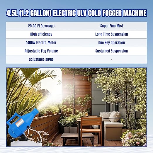 4.5L (1.2 Gallon) Electric ULV Cold Fogger Machine Portable Sprayer 30ft Spraying Distance 16.4ft Power Cord for Home, Hotel, Garden, Lawn, School, Church, Indoor and Outdoor Use (4.5L-1Pack)