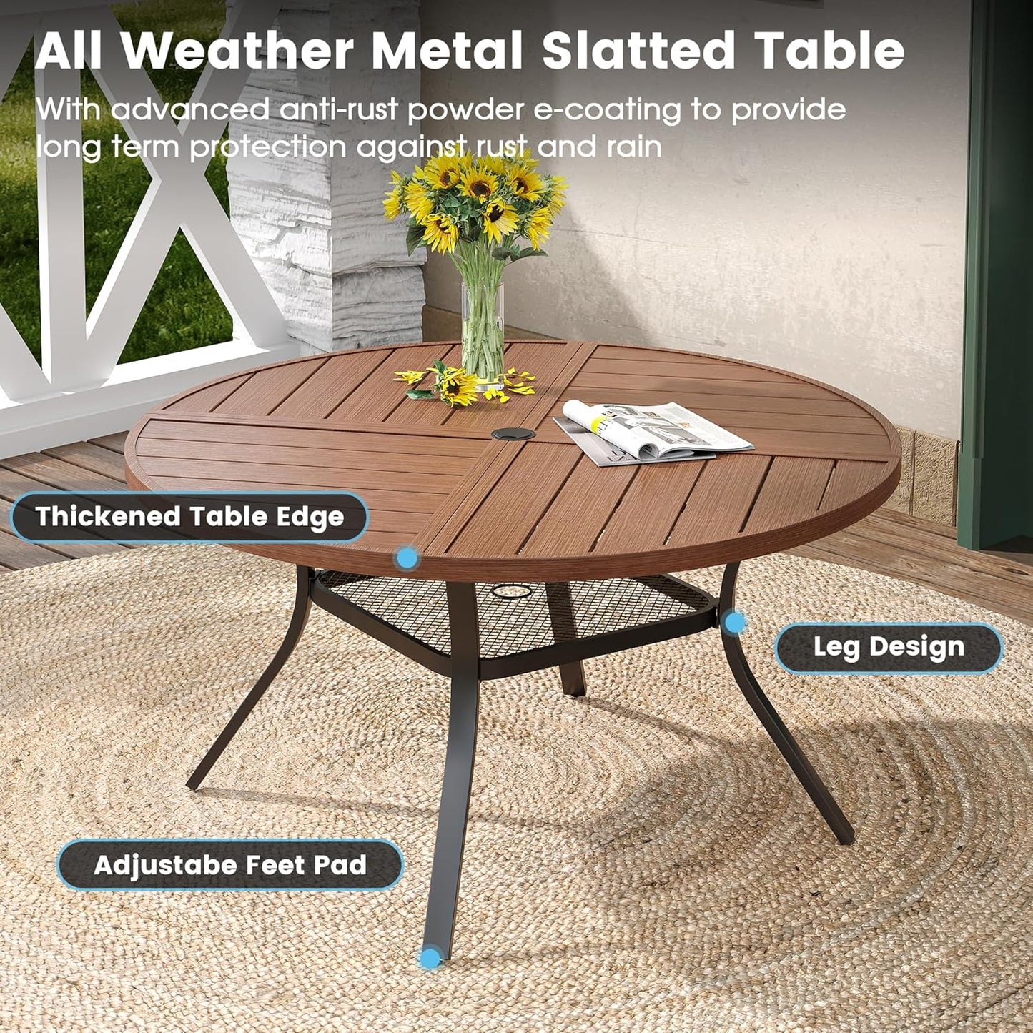 DIFY 47.2" Round Outdoor Patio Dining Table for 6, All-Weather Metal Steel Slatted Patio Table with 1.57" Adjustable Umbrella Hole, for Lawn Garden Porch Backyard, Walnut